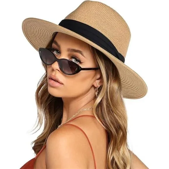 Wide Brim Straw Fedora Hat - Summer Beach Sun Hat with UPF Protection for Women
